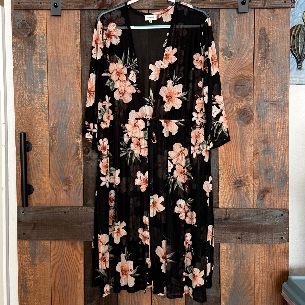 Siren Lily Women 2X Black Floral Mesh Duster Cardigan Tie Front Tropical Sheer